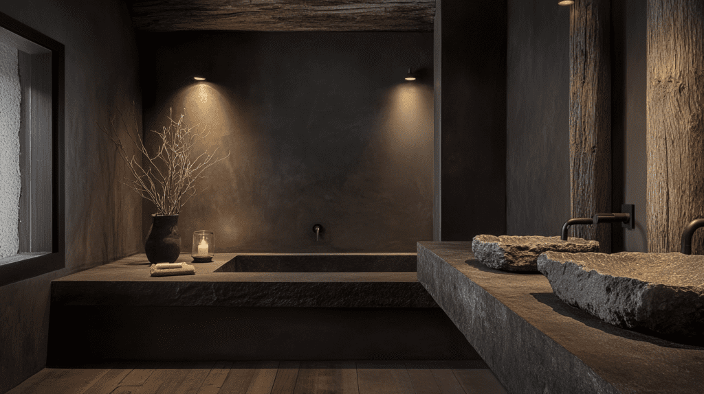 A Wabi-Sabi-inspired bathroom embracing natural imperfections and organic textures. The space features a raw stone bathtub and matching stone sinks, highlighting the beauty of rugged, unrefined materials. Soft, ambient lighting casts a gentle glow on the dark, matte walls, creating a serene and contemplative atmosphere. Weathered wooden beams and minimalist decor, including a simple black vase with dried branches and a softly flickering candle, evoke a sense of tranquility and understated elegance. The overall design celebrates simplicity, authenticity, and the natural aging of materials, staying true to the Wabi-Sabi philosophy.