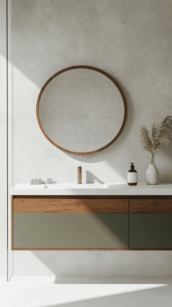 A minimalist mid-century modern bathroom featuring a floating vanity with warm wood accents and muted olive-green cabinet panels. A round wooden-framed mirror hangs above a clean white countertop, which is adorned with simple decor, including a ceramic vase with pampas grass, a soap dispenser, and small stone accents. The textured white wall and natural light streaming in create a serene, airy atmosphere.
