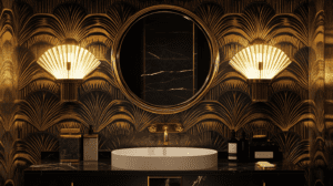 A luxurious bathroom vanity featuring a pair of fan-shaped Art Deco wall sconces with frosted glass and gold accents. The setup includes a round gold-framed mirror, black marble countertop, and gold faucet, complemented by black and gold fan-patterned wallpaper for a glamorous and sophisticated aesthetic.