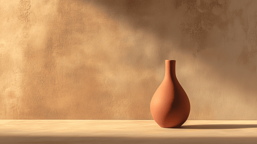 A minimalist terracotta vase with a soft, organic shape and subtle imperfections sits gracefully against a warm, textured beige background. The natural clay material and asymmetrical form celebrate the Wabi-Sabi philosophy of embracing imperfection and authenticity. Soft, diffused lighting casts gentle shadows, highlighting the vase's raw texture and earthy tones, evoking a sense of simplicity, tranquility, and timeless beauty.