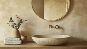A serene Wabi-Sabi-inspired bathroom featuring a round, minimalist mirror mounted on a textured, earthy beige wall. Below, a handcrafted stone sink with a raw, uneven surface sits atop a natural wooden countertop. Simple, matte wall-mounted faucets blend seamlessly with the neutral tones. Beside the sink, a rustic ceramic vase holding delicate eucalyptus branches and neatly folded white towels enhance the space's understated elegance. The design embraces natural imperfections, organic textures, and a calming, minimalist aesthetic, reflecting the timeless beauty of Wabi-Sabi.