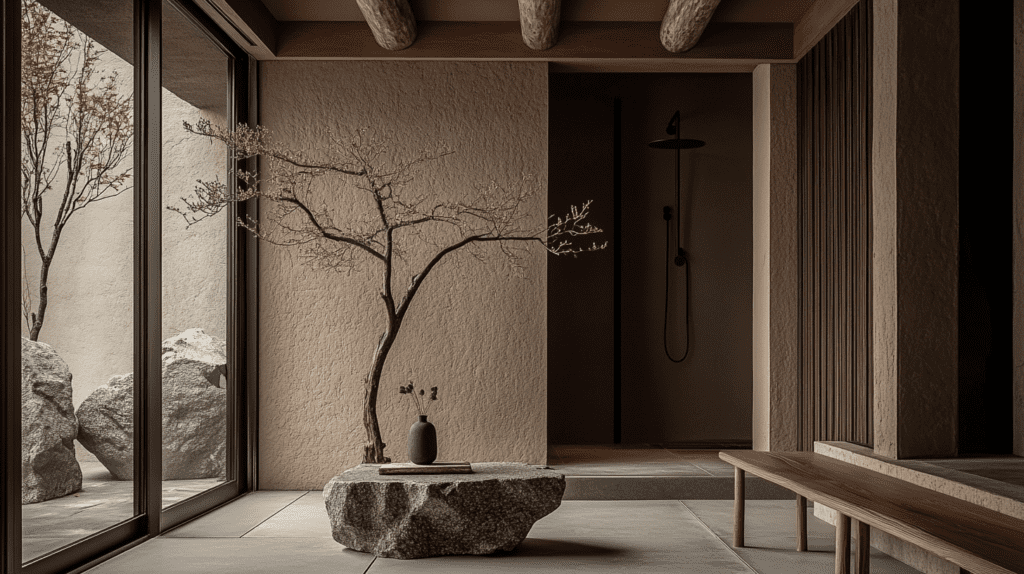 A serene Wabi-Sabi-inspired shower space featuring natural textures and minimalist design. A rough stone table with a simple ceramic vase sits beside a delicate, bare-branched tree, blending seamlessly with the earthy, textured walls. The open shower in the background features a sleek, matte black showerhead, creating a harmonious balance between rustic and modern elements. Large glass windows invite natural light, illuminating the organic forms and muted tones, evoking a sense of peaceful imperfection and tranquil simplicity.