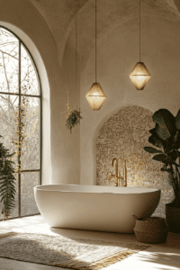 A serene boho bathroom featuring a freestanding white tub set against a golden mosaic accent wall. Pendant lights with geometric designs hang above, while lush greenery and natural woven baskets add a touch of nature and texture to the space.